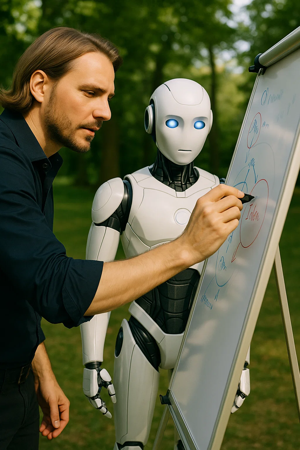 Mensch und KI-Roboter arbeiten gemeinsam am Whiteboard